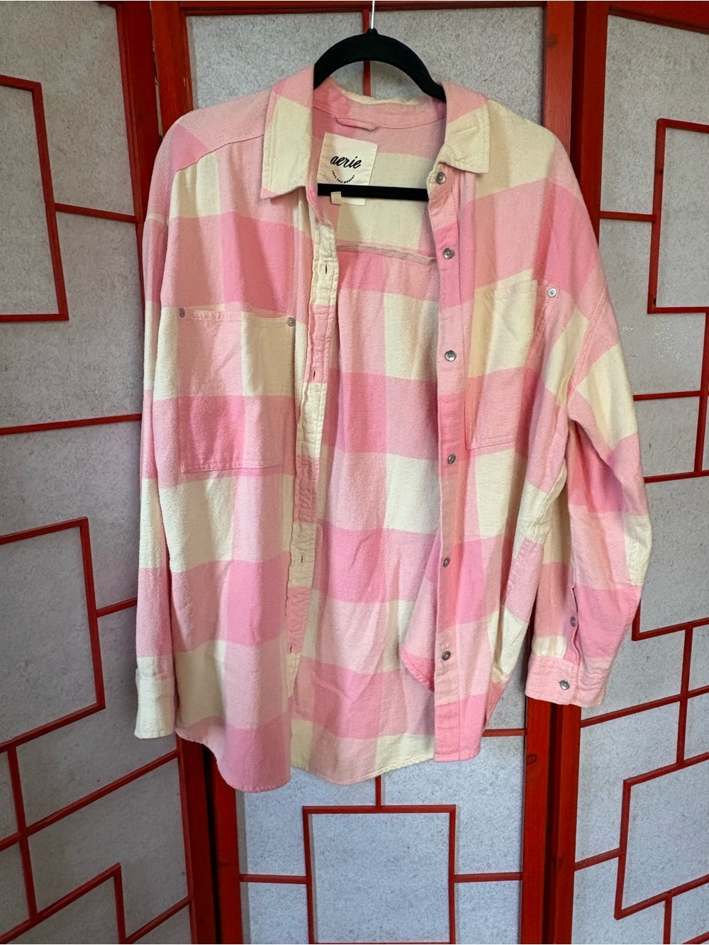 Aerie Oversized Pink and Cream Buffalo Plaid Flannel - Picture 2 of 6